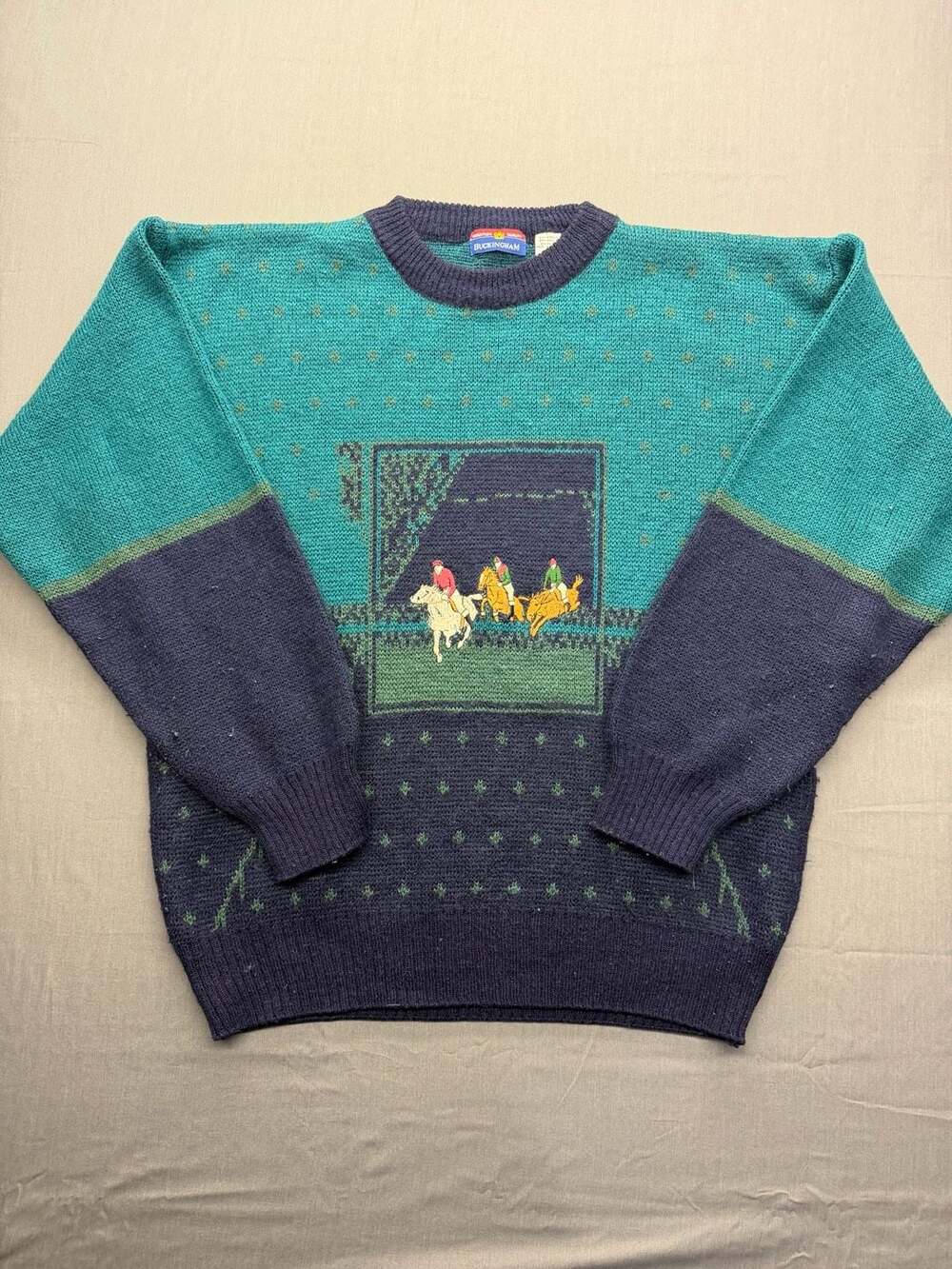 Buckingham Vintage Equestrian Horse Racing Knit Pullover Sweater Size L